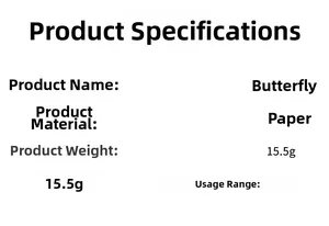 Specifications chart for 3D hollow paper butterfly wall decals showing materials and weight