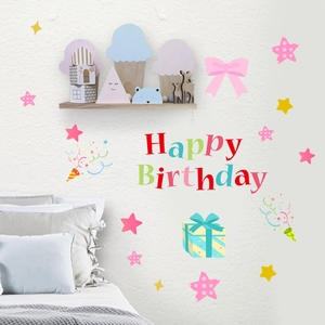Detail of macaron-colored Happy Birthday luminous wall stickers on a bedroom wall
