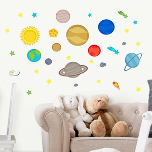 Solar system planet wall stickers set on white wall above a sofa for kids room decoration