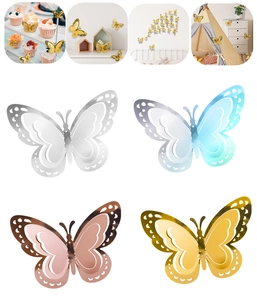 Detailed laser-cut 3D butterfly wall stickers in gold, silver, and rose gold metallic paper