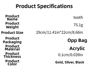 Detailed specifications table for 29x22cm acrylic tooth-shaped decorative wall mirror stickers