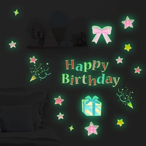 Glow in the dark Happy Birthday wall stickers with stars and bows for kid bedroom decor