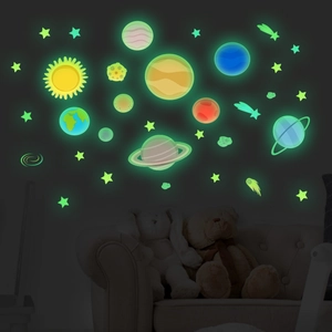 Luminous solar system wall stickers glowing in dark kids room with planets and stars