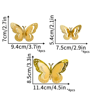 Detailed size chart for 12pcs gold 3D hollow butterfly wall stickers with measurements