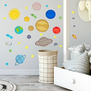 Solar system luminous wall stickers featuring cartoon planets and stars for kids' bedroom decoration