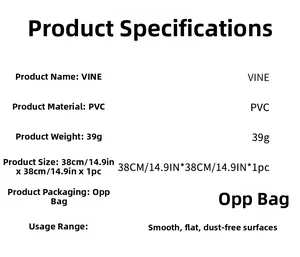 Specifications for VINE PVC wall sticker, measuring 38x38cm and weighing 39g for smooth surfaces