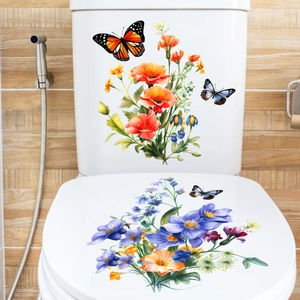 Autocollant Imperméable Couvercle WC Fleurs et Papillons PVC Amovible Sticker Mural Floral Auto Adhésif Décoration Salle de Bain Maison