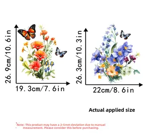 Guide des tailles détaillé pour stickers muraux floraux orange et bleu vifs