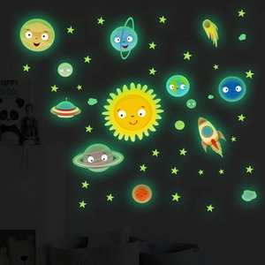 Luminous solar system wall stickers featuring glowing planets and rockets in dark room