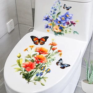 Autocollants floraux pour abattant de WC avec motifs de fleurs violettes et orange