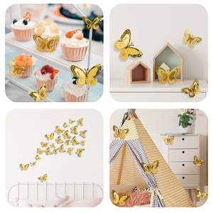Golden 3D hollow butterfly wall stickers shown in four diverse home interior scene layouts