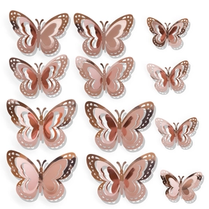 Set of 12 3D rose gold hollow butterfly wall stickers in three sizes with metallic finish