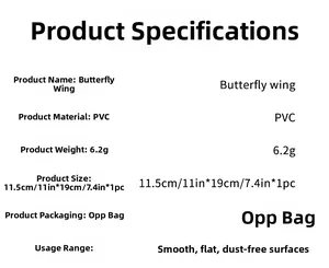 Spécifications détaillées du sticker mural aile de papillon, PVC, taille 11,5 cm par 19 cm