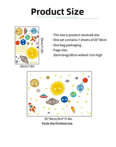 Size chart showing glow in the dark space wall stickers with planet and rocket motifs
