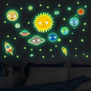 Luminous cartoon space planet wall stickers glowing in a dark children's bedroom