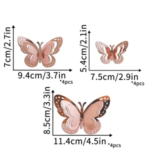 Detailed size chart for 3D hollow butterfly wall stickers showing dimensions and quantities