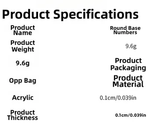 Detailed acrylic table number specifications showing silver finish and 0.1cm thickness