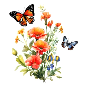 Stickers muraux floraux avec coquelicots orange et papillons sur fond blanc pur