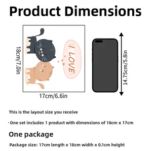 Size chart for cat-themed wall stickers showing 18x17cm layout with mobile phone scale