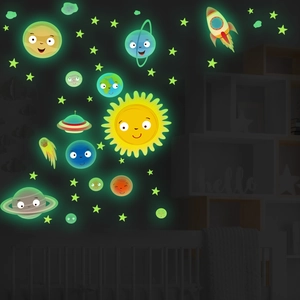 Luminous glow-in-the-dark space wall stickers with stars and planets for nursery decor