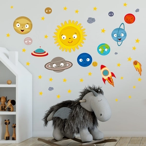 Cute cartoon space wall stickers featuring planets and rockets in a kids' bedroom decoration