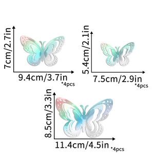 Three sizes of 3D layered hollow butterfly wall stickers with precise laser cut dimensions