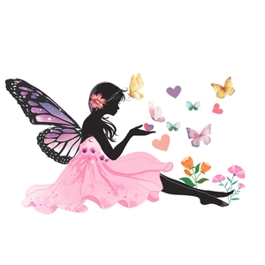 Sticker mural pour interrupteur silhouette de fée avec papillons colorés et fleurs roses