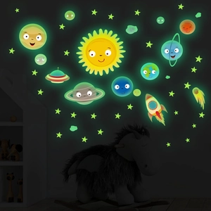 Glow in the dark solar system wall decals featuring cute planets and stars for kids room