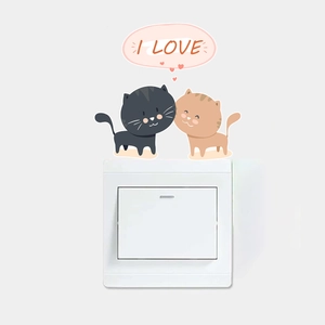 Cartoon cats wall sticker decor with pink I Love speech bubble for light switch decoration
