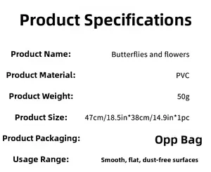 Specifications for butterfly and flower wall stickers: 47x38cm PVC decals in OPP bags