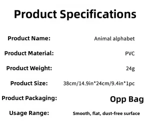 Detailed specifications for animal alphabet PVC stickers 38x24cm for smooth surfaces