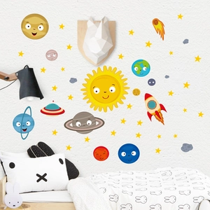Detailed view of colorful cartoon space wall stickers with planet and rocket motifs
