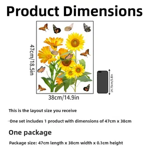 Macro layout of sunflower and butterfly wall decals with product size specifications