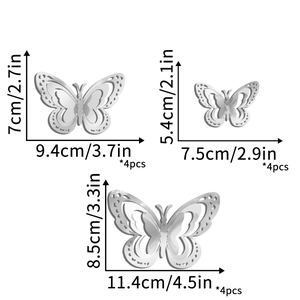 Three sizes of silver 3D hollow butterfly wall stickers with precise measurements and 12 pieces