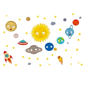 Detailed set of cute cartoon solar system glow stickers with planets and rockets