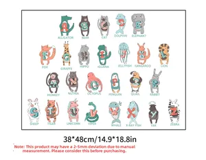 Detailed 38x48cm layout of 26 cartoon animal alphabet wall stickers for kids education