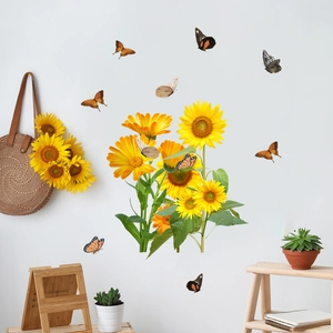 Vibrant sunflower and butterfly wall decals set on a white living room wall decor