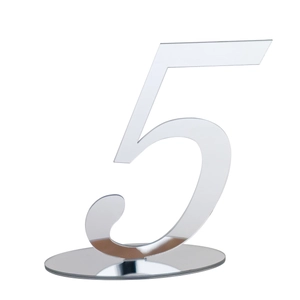 Macro detail of silver mirror acrylic table number 5 with circular slot base