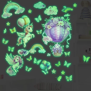 Adesivi murali unicorno luminosi con mongolfiera e stelle fluorescenti per camera da letto