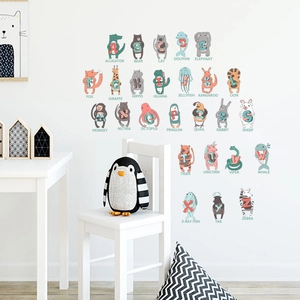 Educational animal alphabet wall stickers for kids room decor with 26 letters and cute animals
