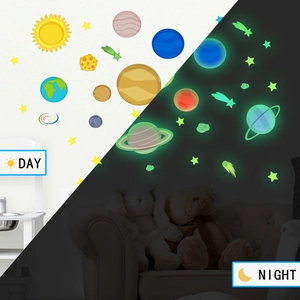 Glow in the dark solar system wall stickers for kids room featuring planets and stars
