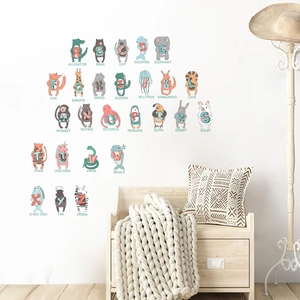 Nursery wall stickers with 26 animal alphabet letters in soft Morandi colors