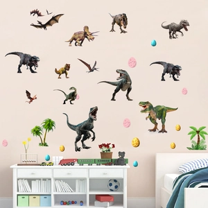 Détail de stickers muraux dinosaures colorés avec arbres et œufs pour chambre