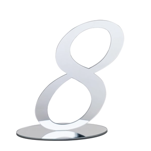 Macro view of mirror silver acrylic table number 8 with polished reflective surface