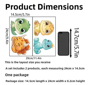 Detailed size guide of cartoon dinosaur wall stickers with phone scale reference