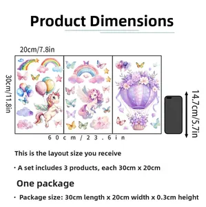 Tabella taglie per adesivi murali unicorno con dimensioni dei 3 pannelli decorativi