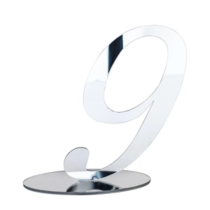 Macro shot of silver mirror acrylic table number 9 with a round stable base