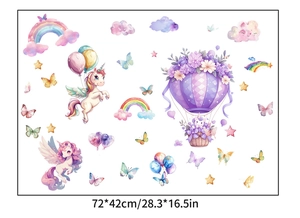 Dettaglio del foglio adesivi murali unicorno con arcobaleno, farfalle e mongolfiera