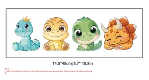 Detailed view of four colorful baby dinosaur stickers with 14.5x48cm layout size dimensions