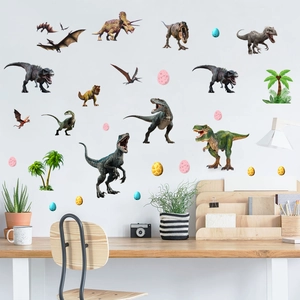 Stickers muraux dinosaures réalistes avec palmiers et œufs sur un mur de chambre blanc pur